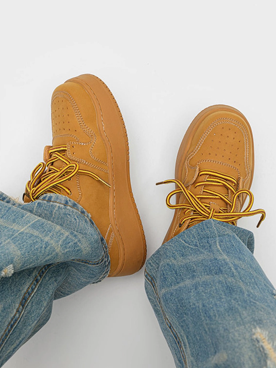 Wheat brown casual platform sneakers designed for everyday urban outfits and relaxed Seoul fashion styling