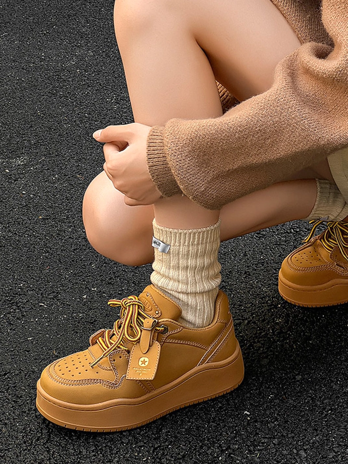 Wheat brown chunky platform sneaker product image highlighting tonal color blocking and thick rubber sole
