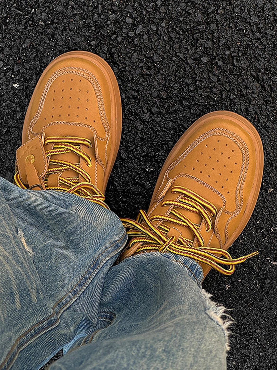 Wheat brown platform sneakers with clean unisex low-top styling for casual East Asian streetwear looks