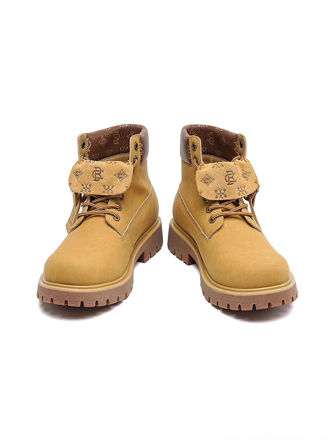 Wheat contrast-stitch work boots with mid-top ankle coverage, metal lace eyelets, padded collar, and rugged everyday streetwear silhouette