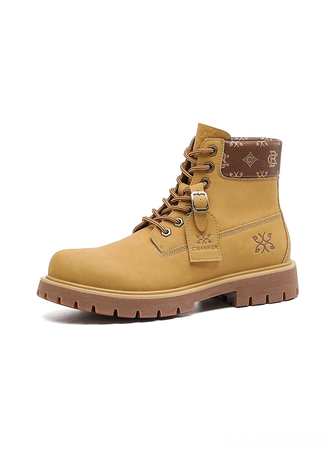 Wheat lace-up lug sole boots designed for relaxed jeans, cargo trousers, oversized hoodies, and contemporary casual streetwear outfits