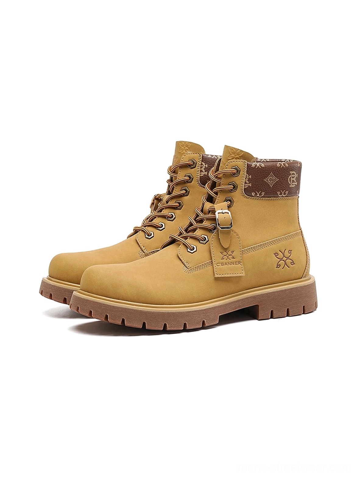 Wheat lug sole ankle boots styled as bold East Asian streetwear footwear with a warm yellow color and durable-looking utility design