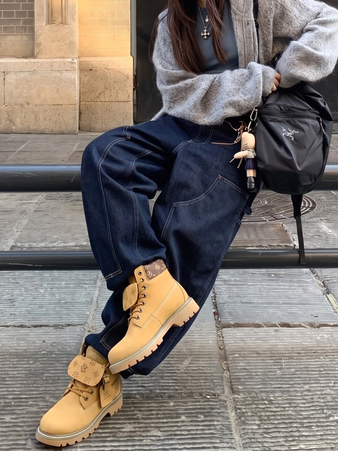 Wheat lug sole work boots worn with baggy dark jeans and a gray sweater in a casual Korean streetwear outfit with backpack styling