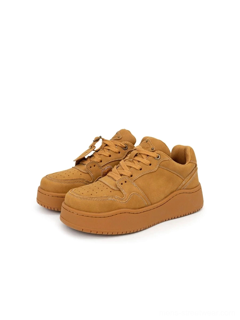 Pair of wheat suede-style low-top streetwear skate sneakers in a top-down flat lay showing perforated toe boxes and matching platform soles