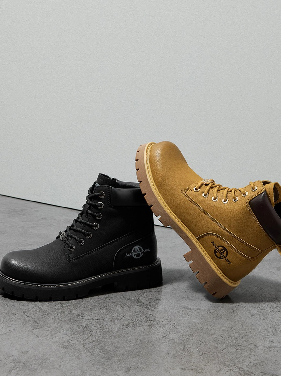 Wheat yellow and black work-style ankle boots completing a modern Korean-inspired streetwear wardrobe
