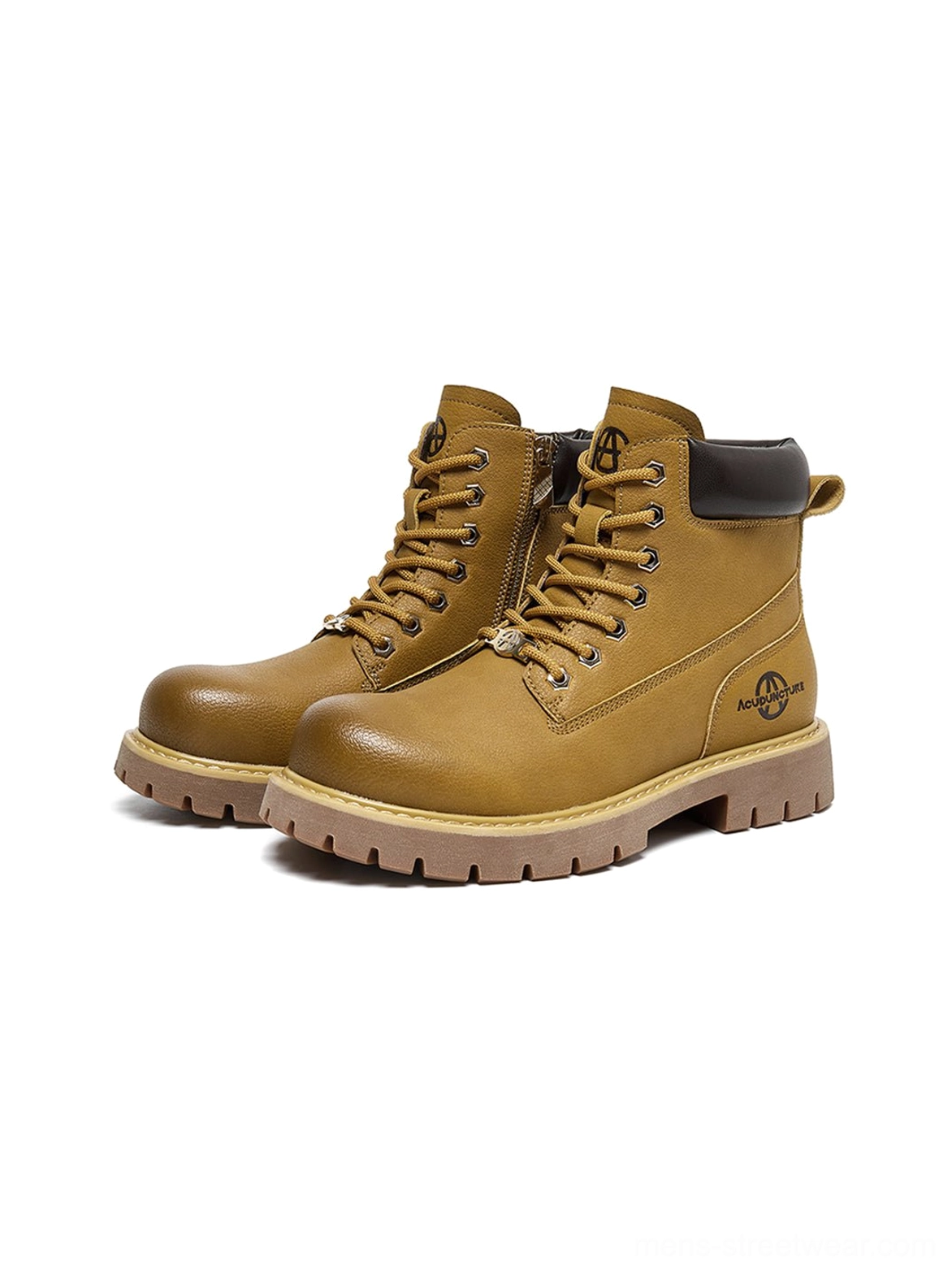 Wheat yellow work-inspired ankle boots with padded collars, lace-up details, and thick rubber lug soles