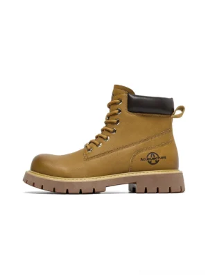 Wheat yellow work ankle boot with lace-up front, padded collar, thick lug rubber sole, and utility streetwear silhouette