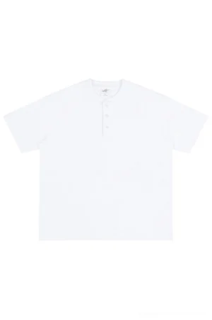 White 320G heavyweight cotton oversized Henley t-shirt with three-button placket front flat lay