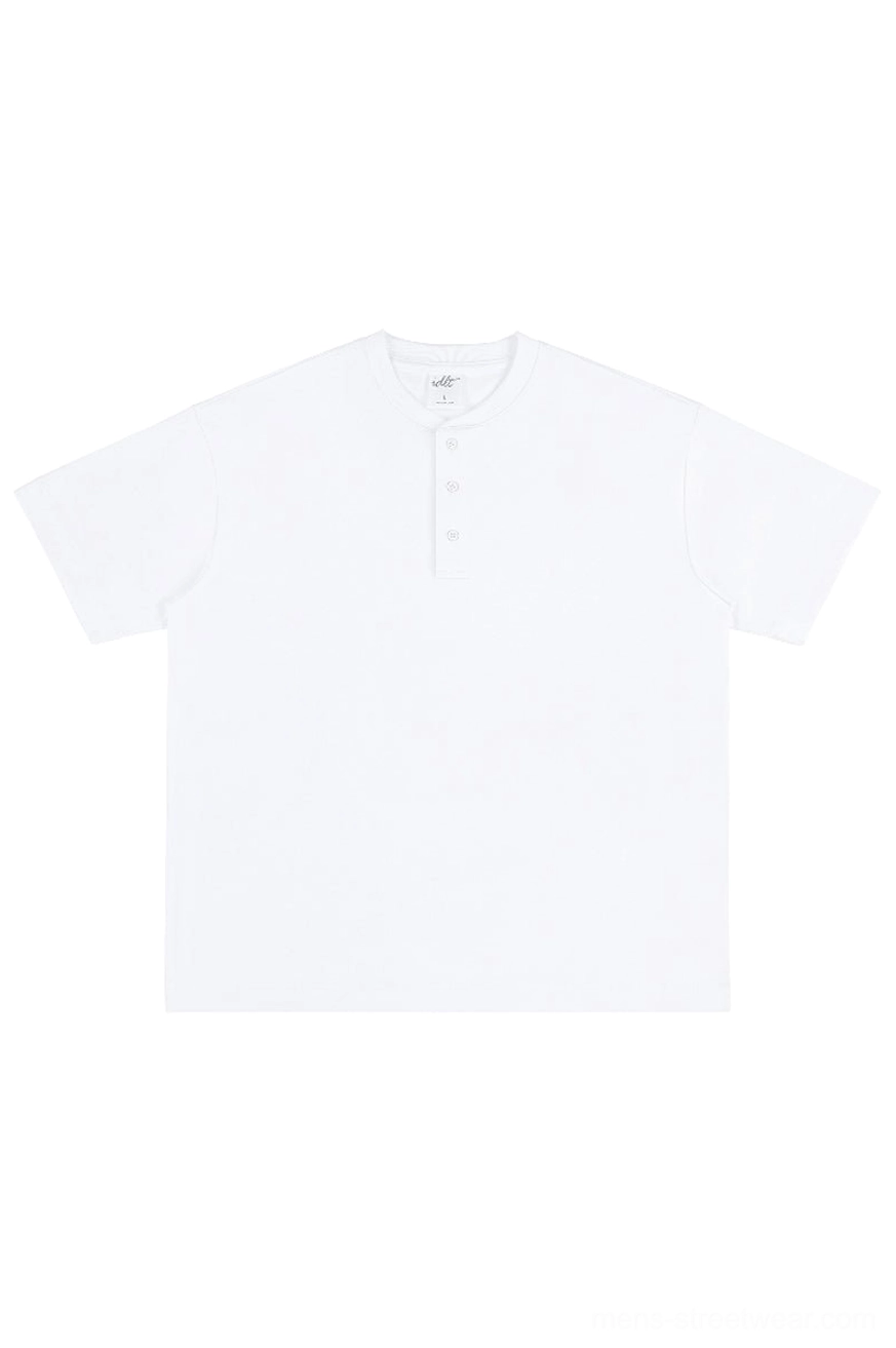 White 320G heavyweight cotton oversized Henley t-shirt with three-button placket front flat lay
