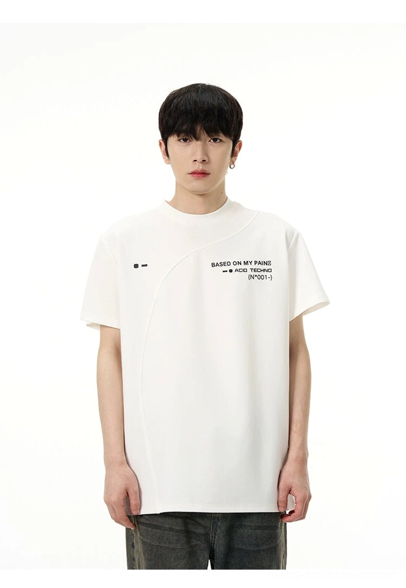 White Korean streetwear Acid Techno tee with diagonal seam, chest slogan graphic, crew neckline, and relaxed fit