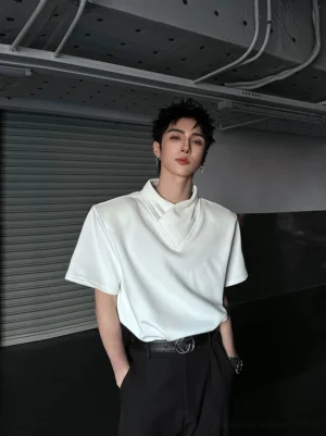 White asymmetric mock neck T-shirt with structured V-shaped folded collar, relaxed East Asian streetwear fit, and minimalist citywear styling