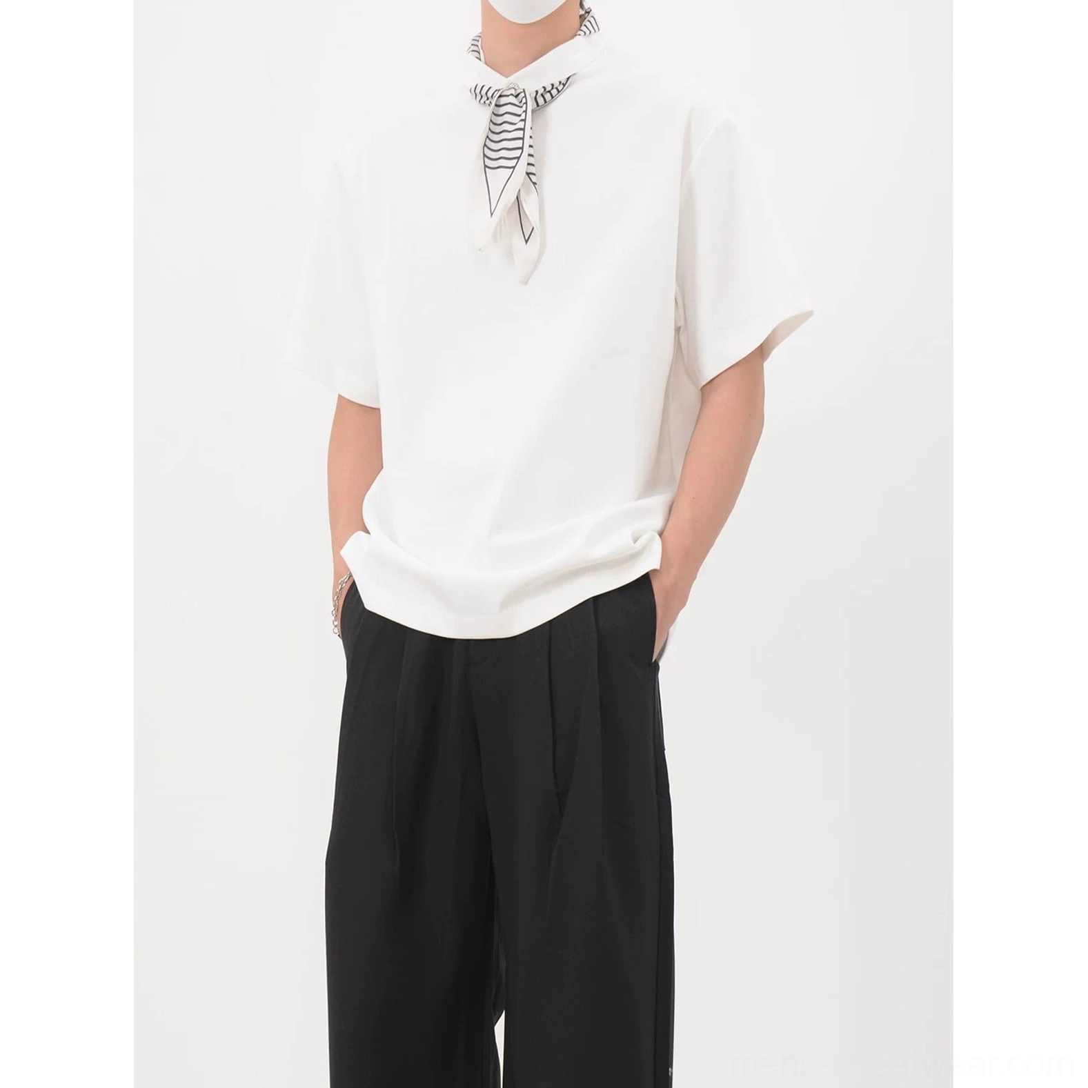 White bandana collar polo tee product detail showing the relaxed fit, structured neckline and removable scarf styling