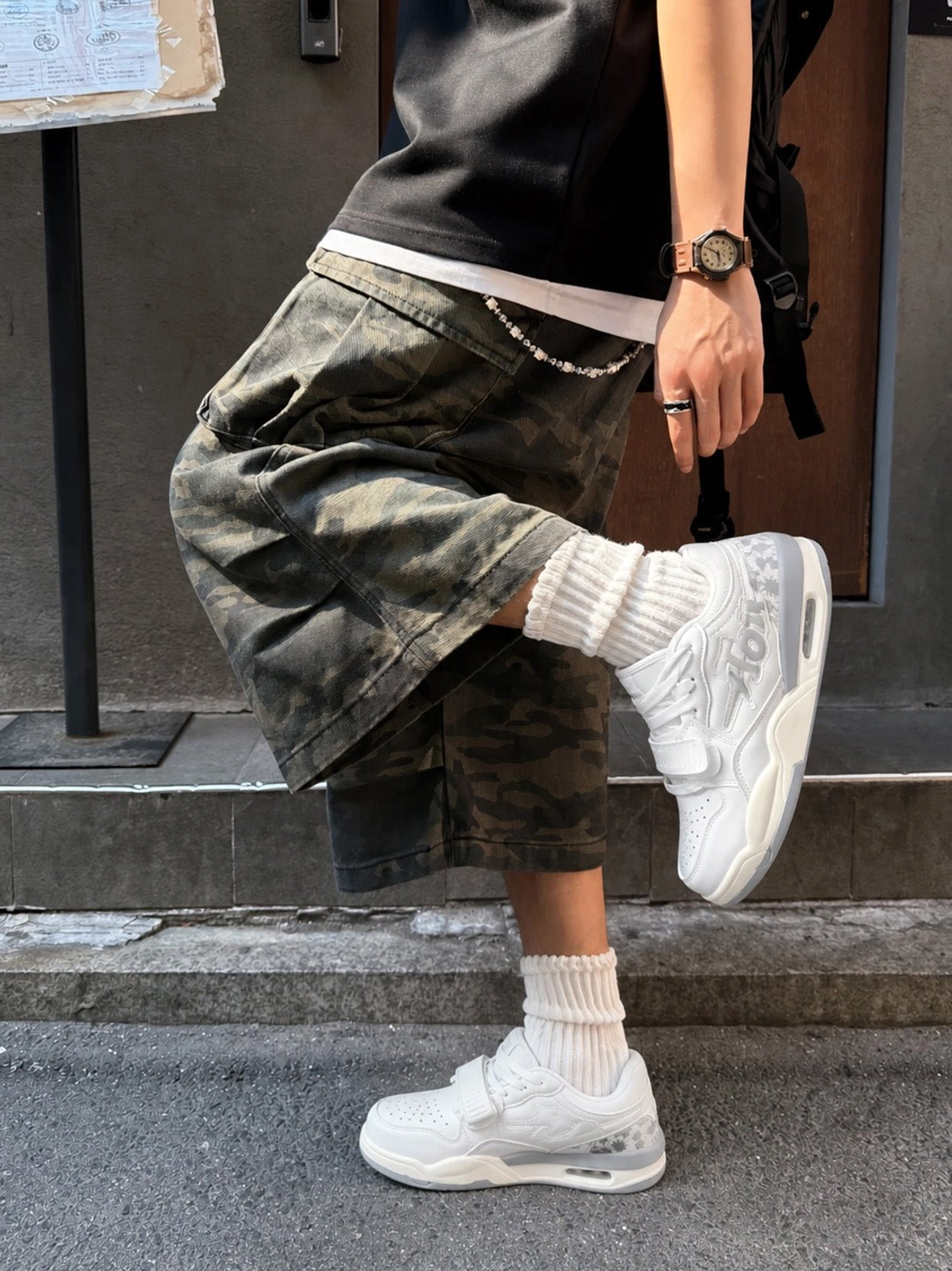 White basketball-inspired streetwear sneakers paired with camouflage cargo shorts, black top, and urban casual accessories