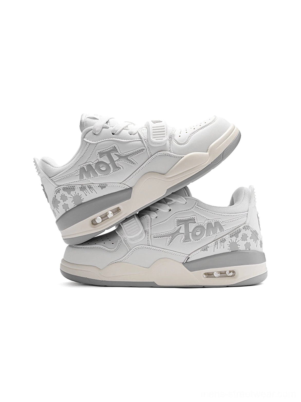 Stacked white basketball-inspired sneakers displaying layered side panels, cushioned midsole, and textured court outsole