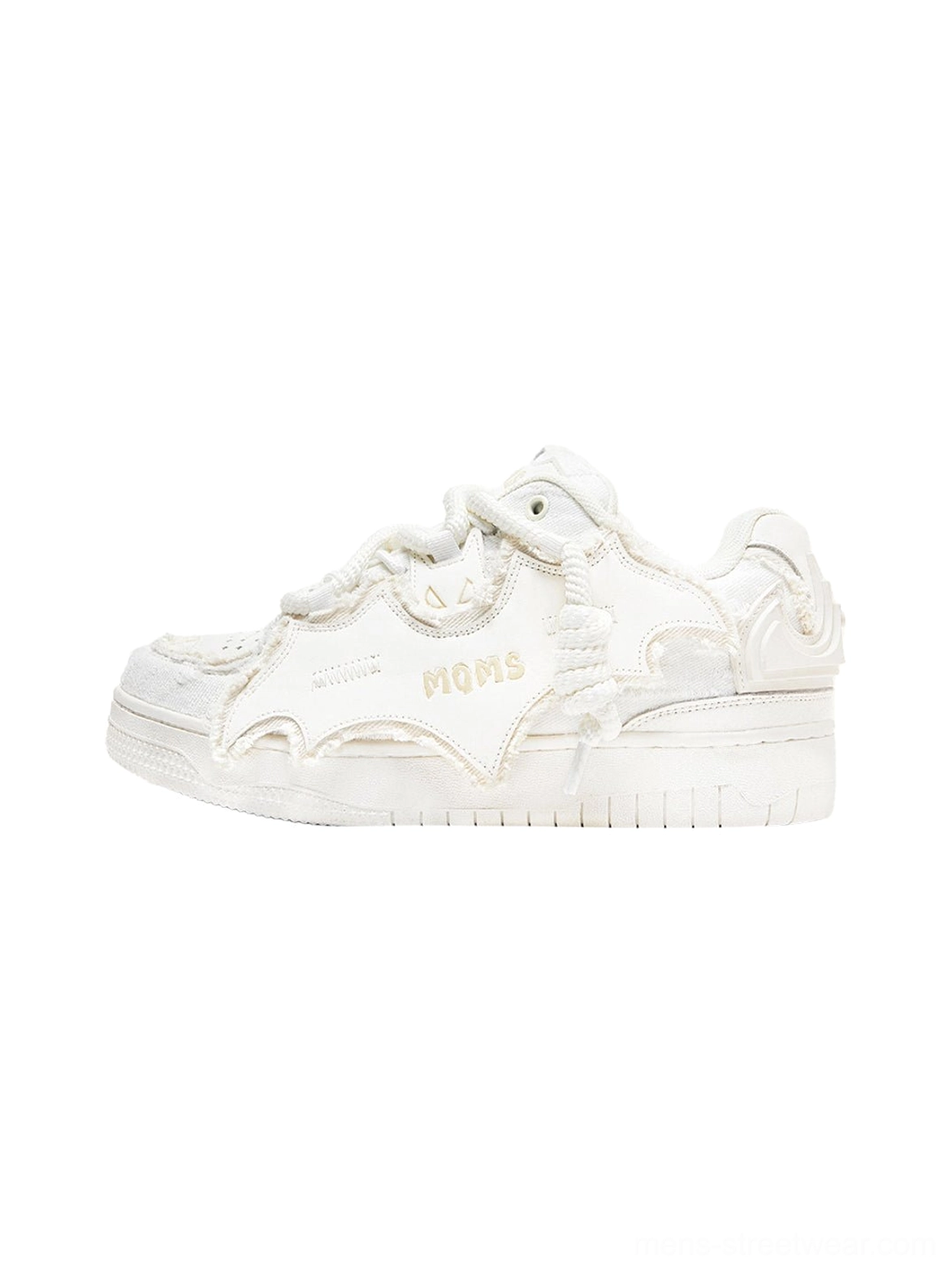White bat-wing platform sneakers shown from the left side with distressed split-leather panels, frayed edge details, oversized rope laces, embroidered accents, and chunky streetwear sole