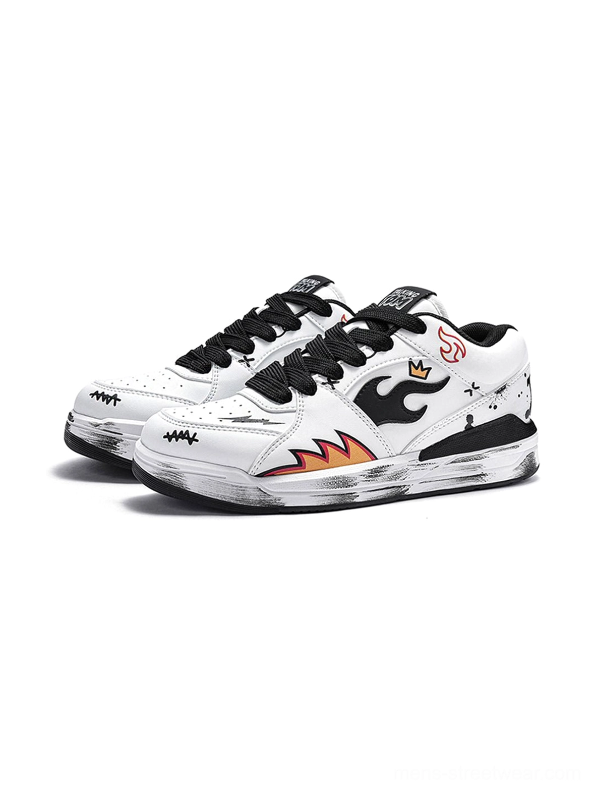 Pair of white and black flame graphic court sneakers showing the side artwork, lace-up construction, and distressed flat outsole