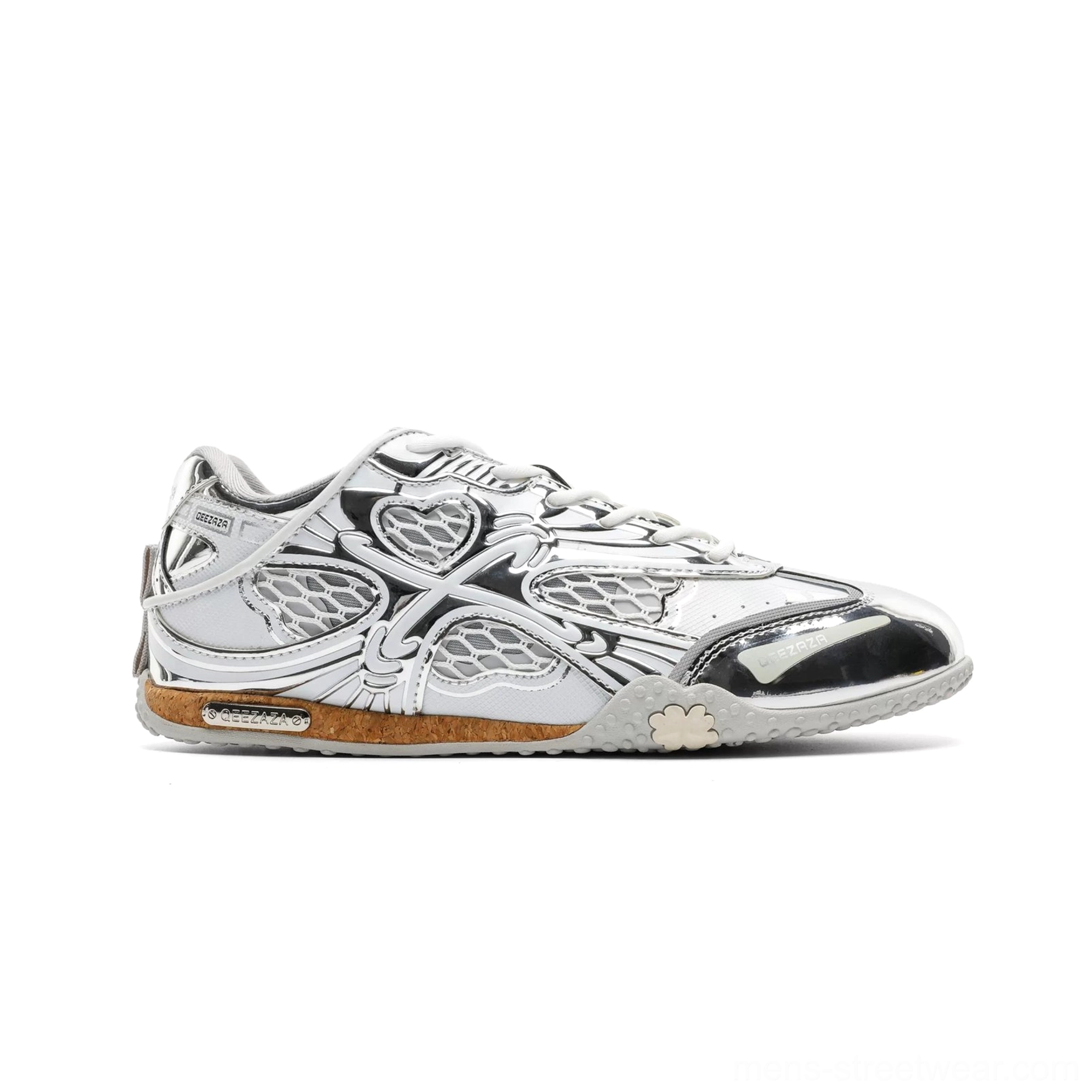 Side profile of white and black heart mesh retro sneakers with breathable white mesh upper, silver line details, black patent toe cap, clover outsole accent, and cork-look midsole trim