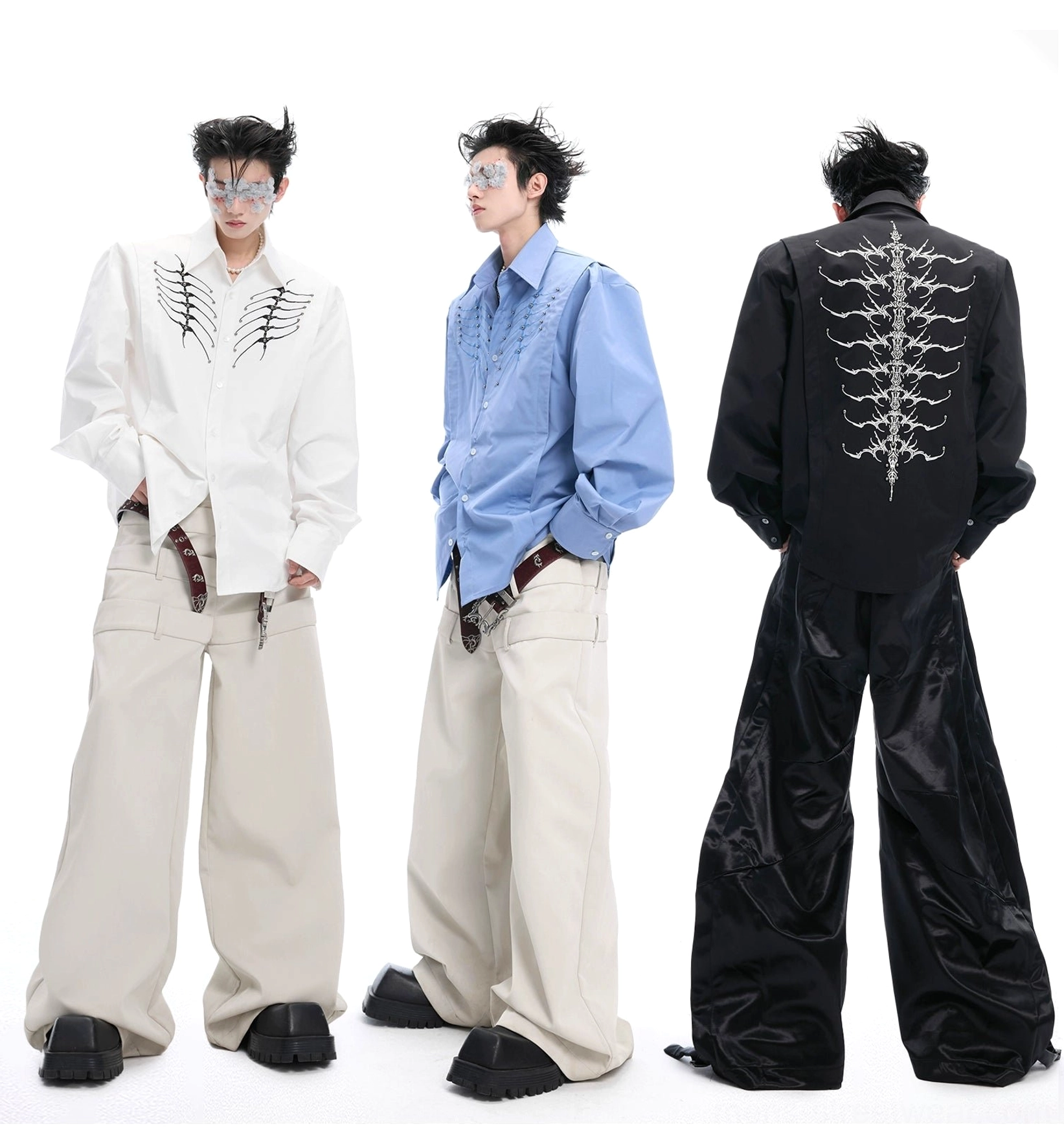 Three skeleton embroidered button-up shirts in white blue and black displayed as a Korean streetwear collection