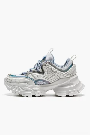 Single white chunky platform sneaker shown from the outer side with mechanical style layered panels, blue lace up closure, mesh upper, and rugged lug sole
