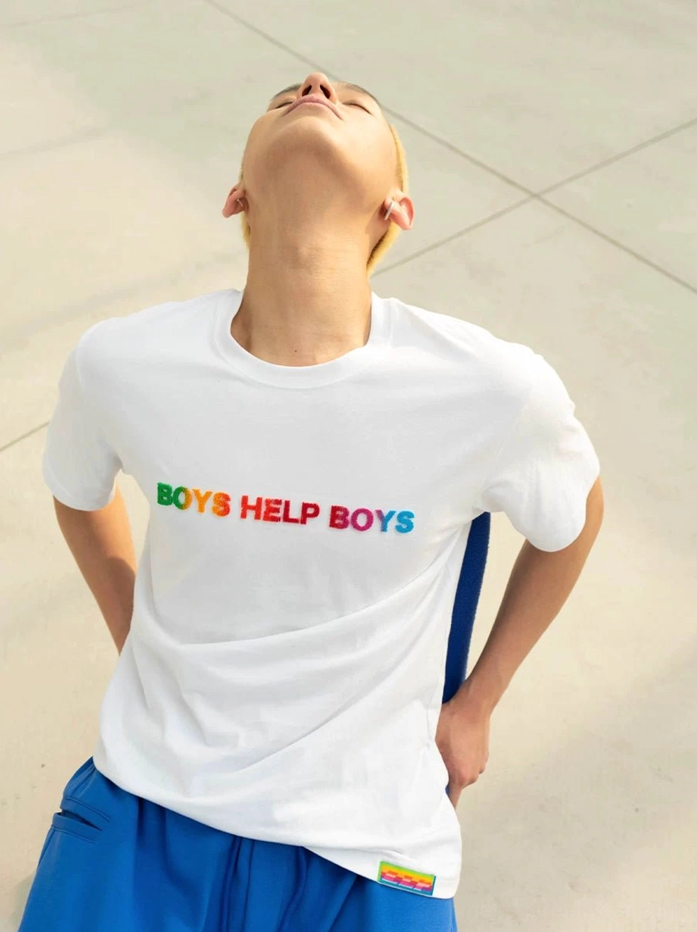 White Boys Help Boys rainbow graphic T-shirt product image with classic crewneck cotton design and relaxed streetwear silhouette