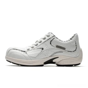 White checkered collar retro runner sneakers with perforated ultra-fiber leather panels, contrast stitching, and casual streetwear design shown from the left side