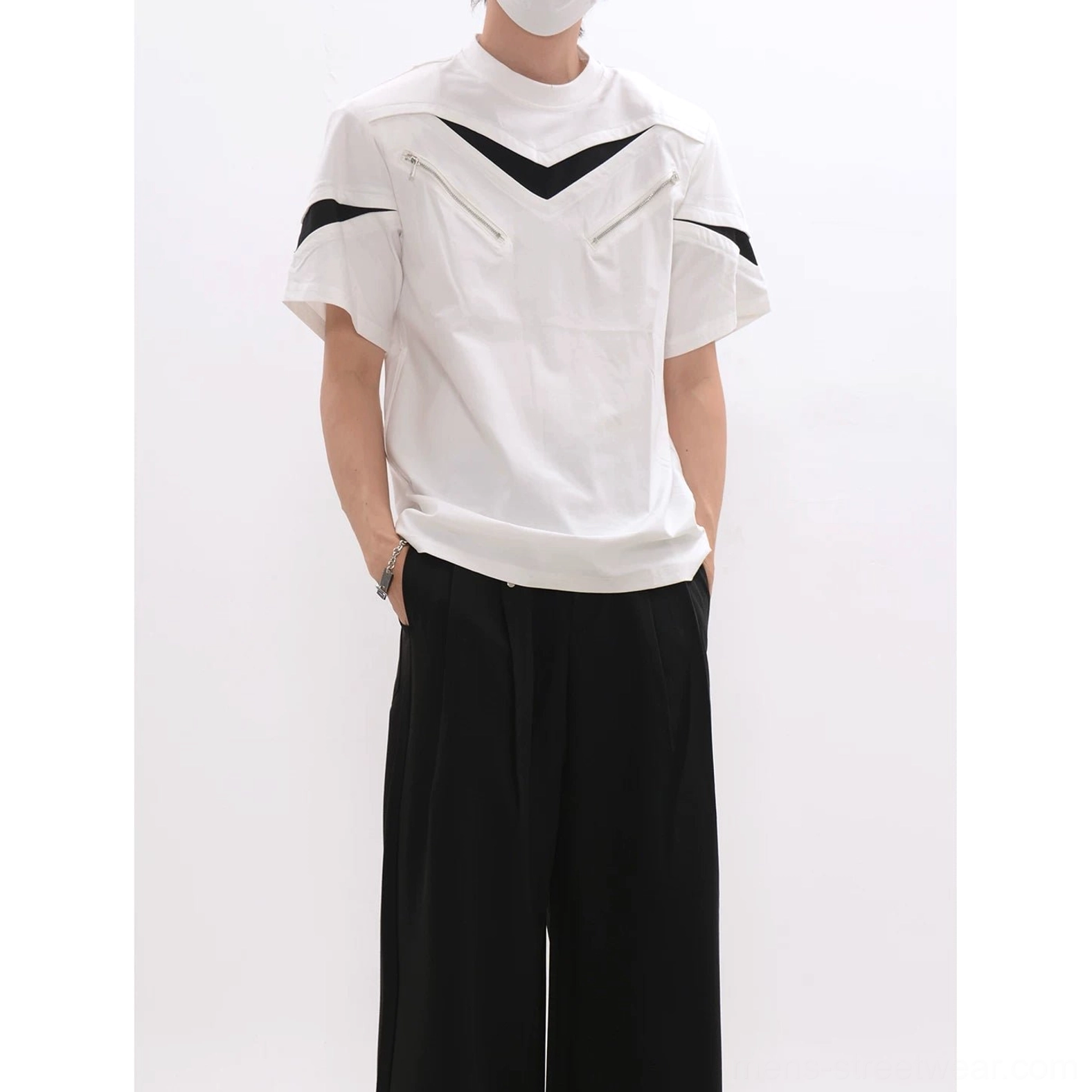 White chevron techwear zip panel T-shirt with black contrast sleeve bands and mesh chest detail front view