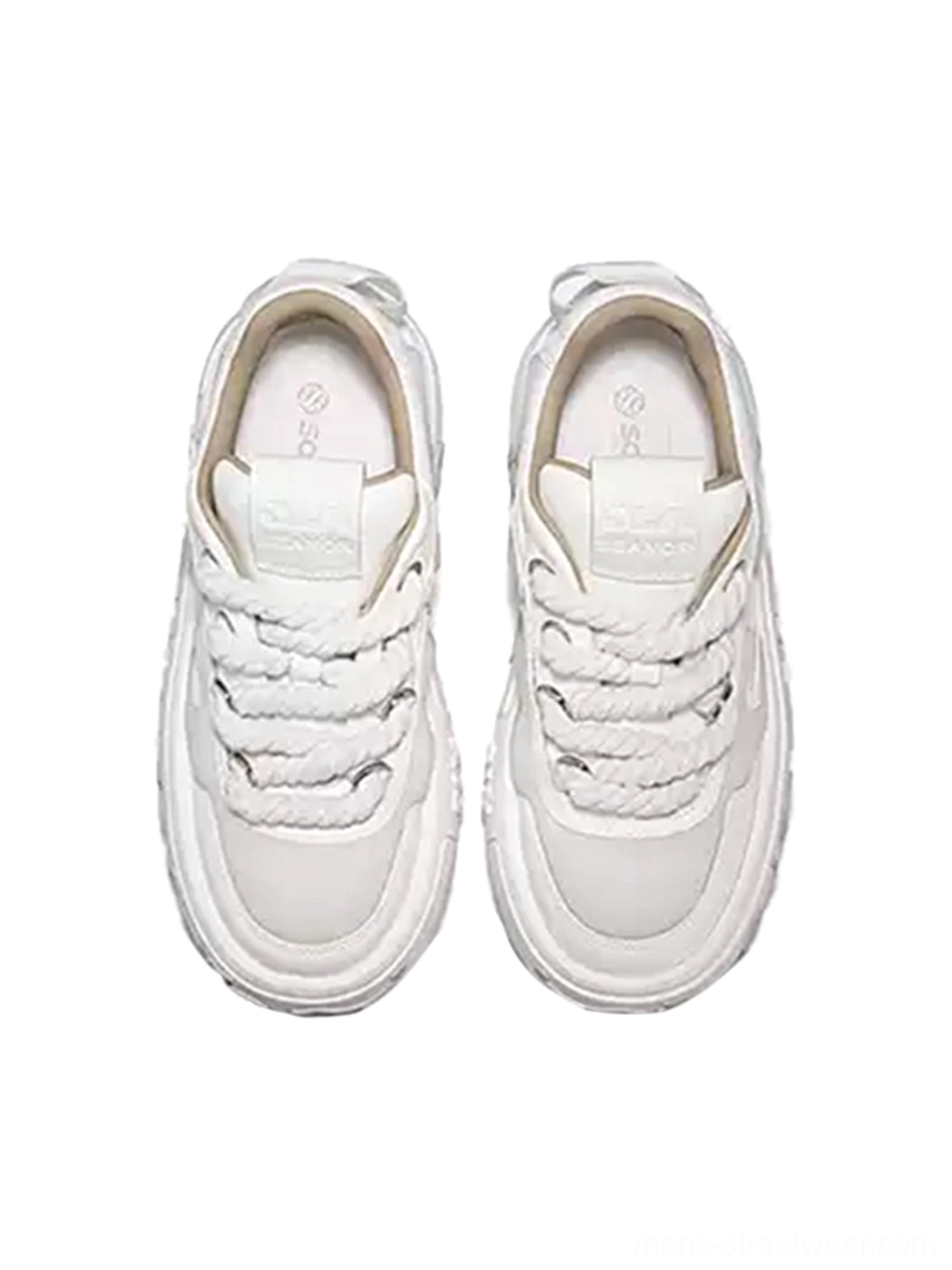 Top view of white chunky platform skate sneakers showing braided shoelaces, leather insole, padded tongue, and thick sole