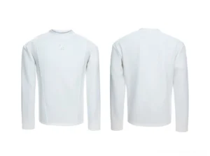 White Contour Core mock neck long sleeve Korean streetwear top shown in a flat studio front and back view with clean tailored seams, smooth fabric, and minimalist chest embroidery