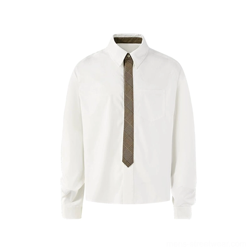 White contrast collar shirt and coordinating tie set with clean button-down construction for Korean streetwear