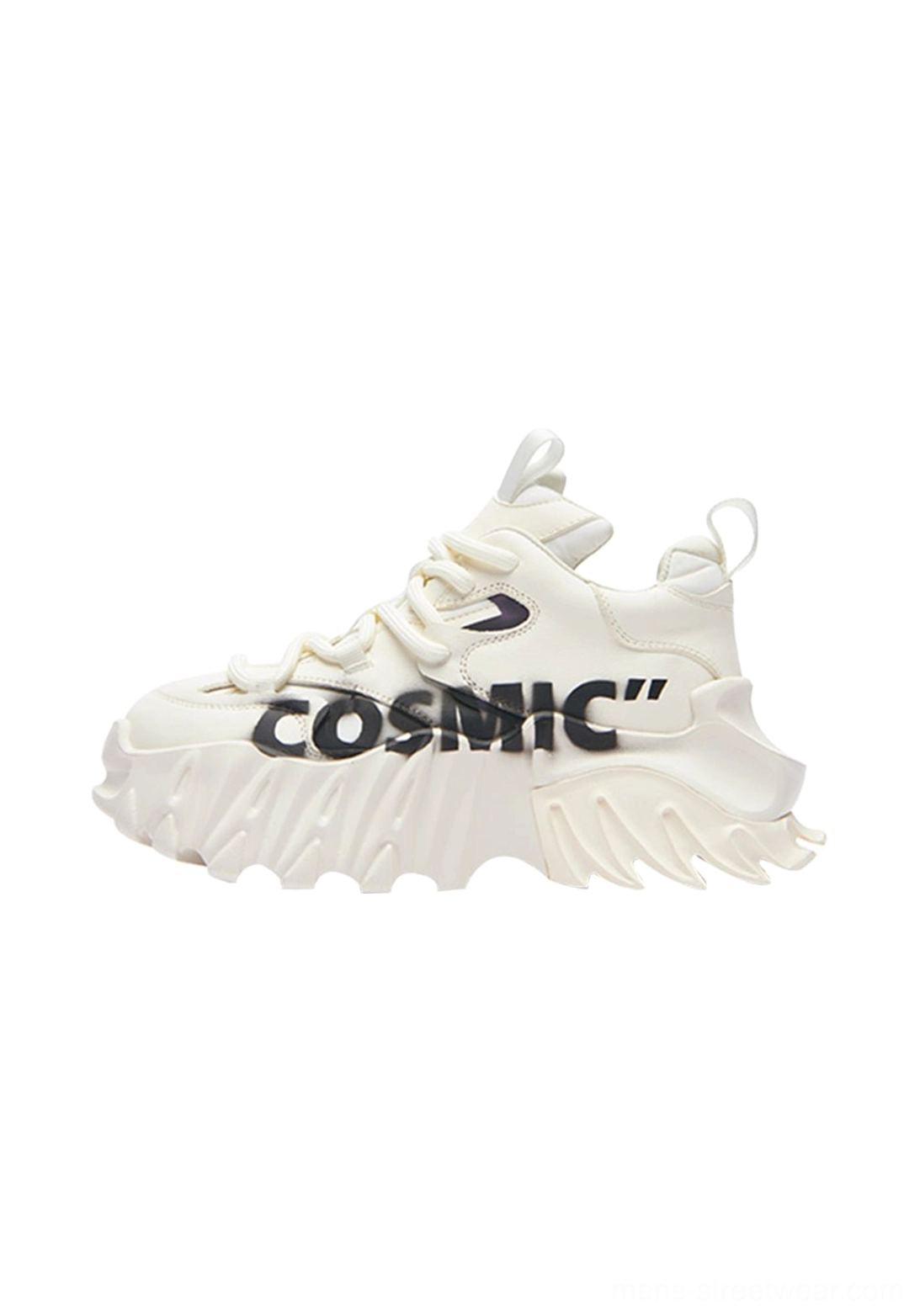 White Cosmic graphic platform derby sneakers shown in side three-quarter view with black lettering, genuine leather upper, heel pull tab, and chunky sculpted white sole