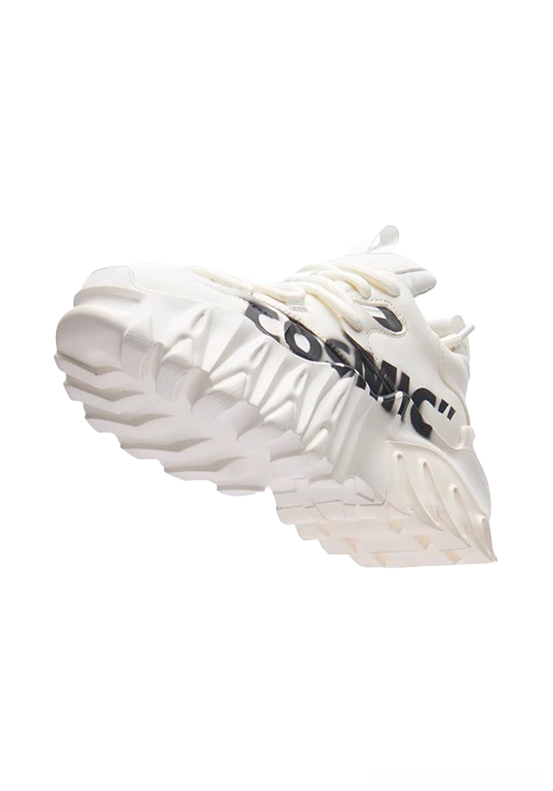White Cosmic graphic platform sneakers shown from a rear bottom three-quarter angle with black side lettering and a deeply textured sculpted outsole
