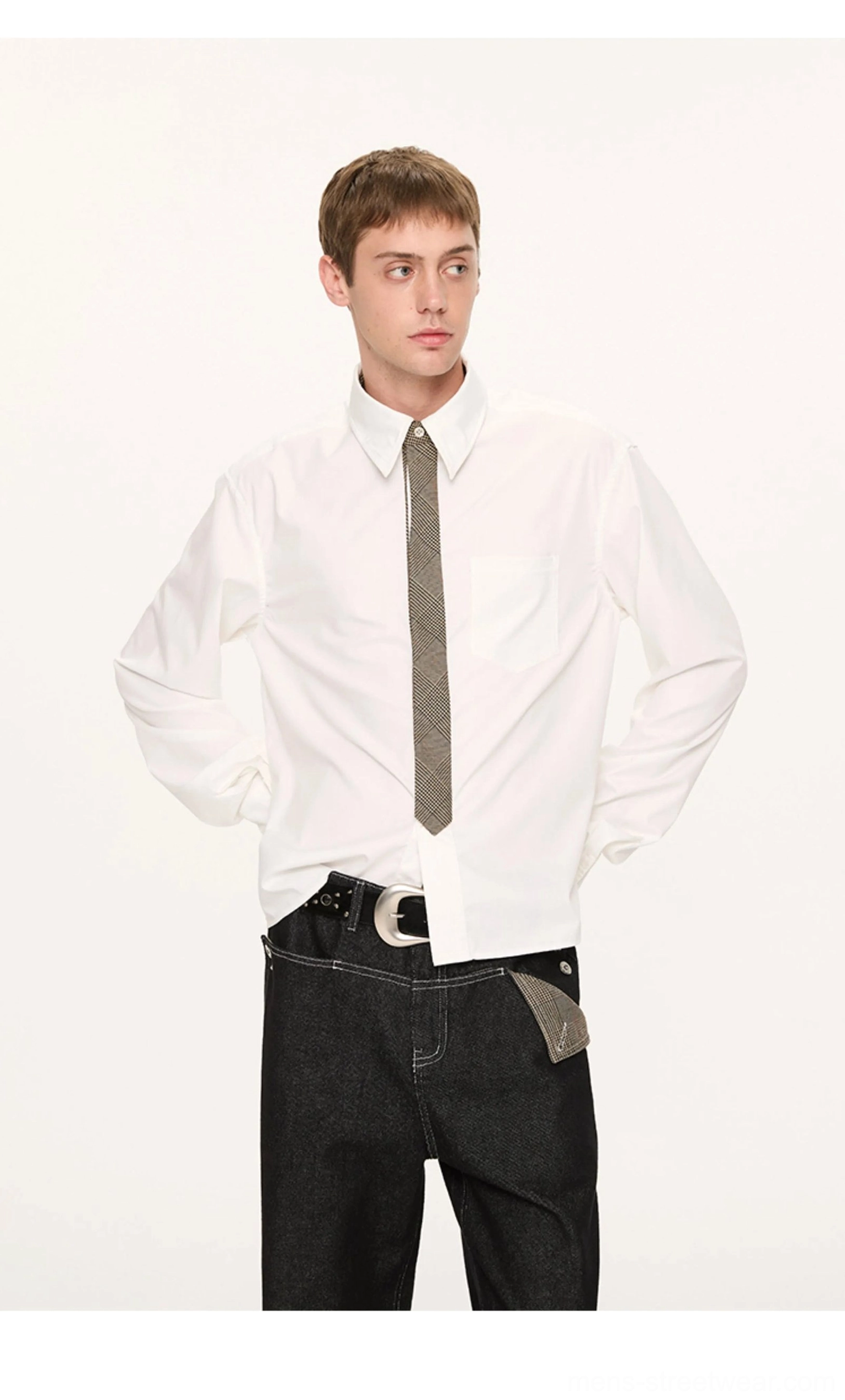 Back view of a white cotton contrast collar shirt with grey striped tie and black jeans