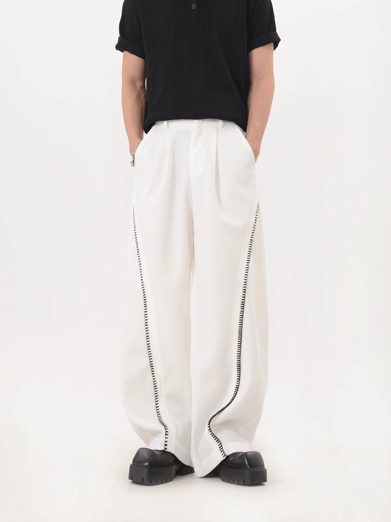 White curve trim mesh texture wide leg techwear trousers with dark contrast piping product image