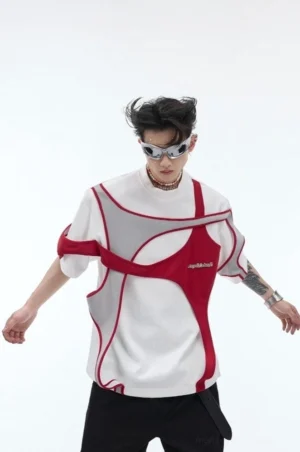White deconstructed double layer oversized streetwear t-shirt with red and grey contrast panels shown in a front full body studio outfit