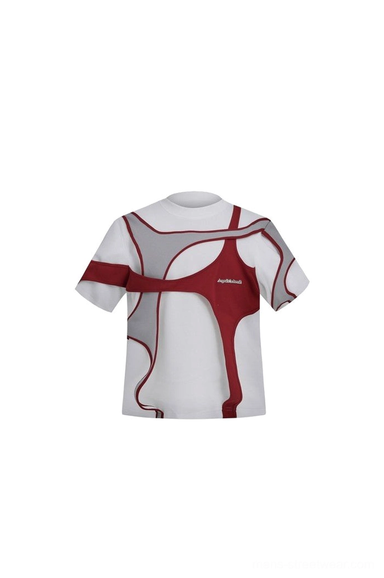 White deconstructed double layer short sleeve t-shirt flat lay showing red and grey asymmetric contrast panels and oversized fit