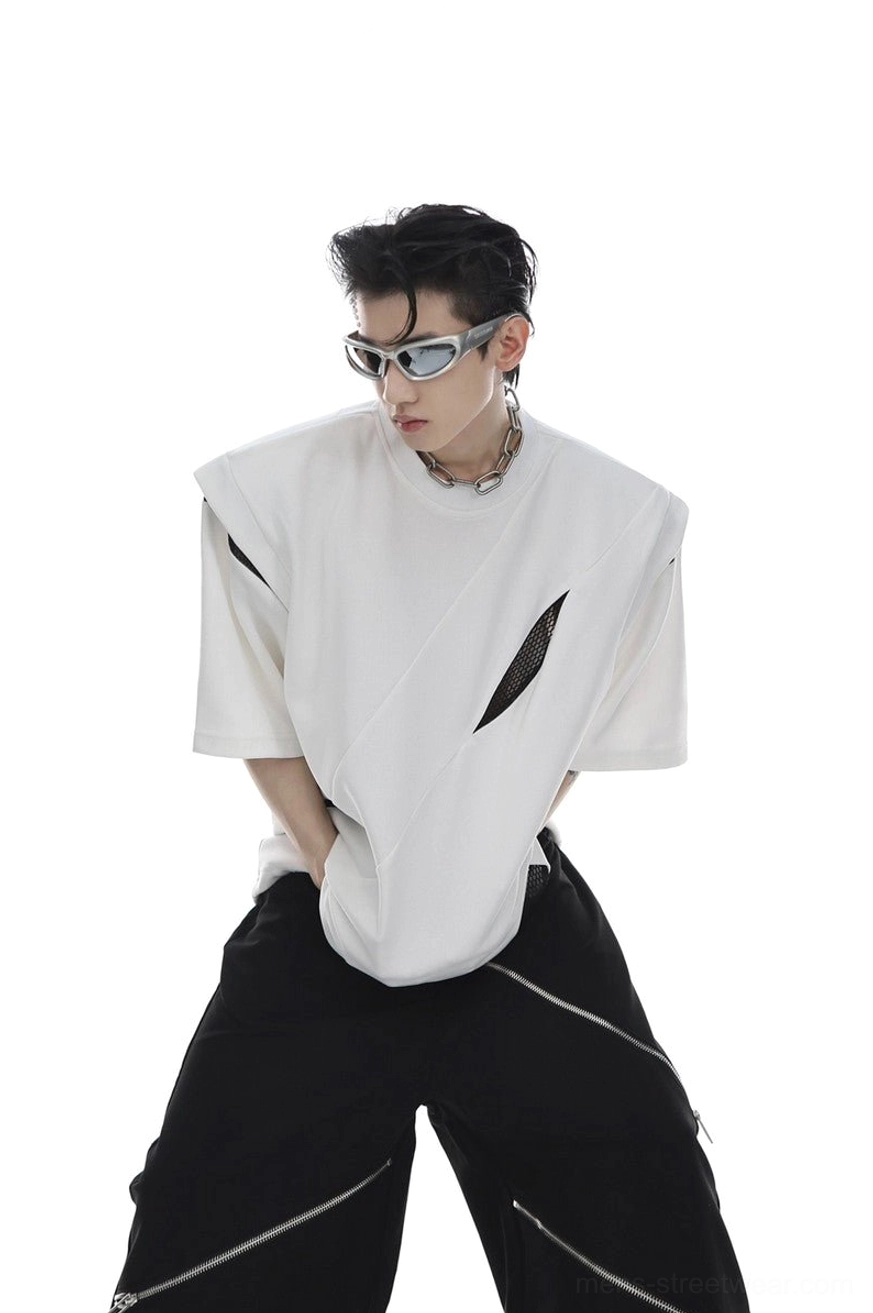 White oversized deconstructed loose fit tee with structured padded shoulders black mesh slash cutout and asymmetric front panel