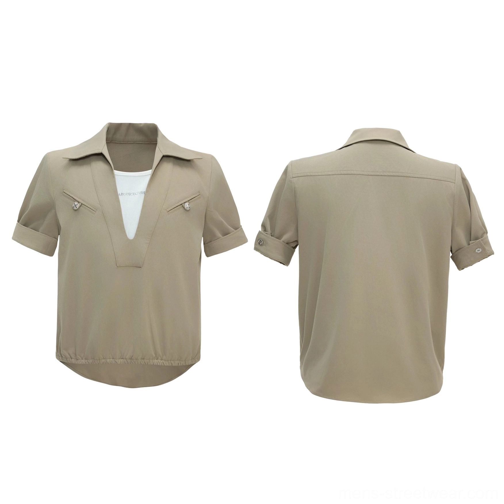 White deep V-neck utility shirt shown from the front with pointed collar, metallic chest pocket buttons, rolled short sleeves, and clean Asian streetwear design