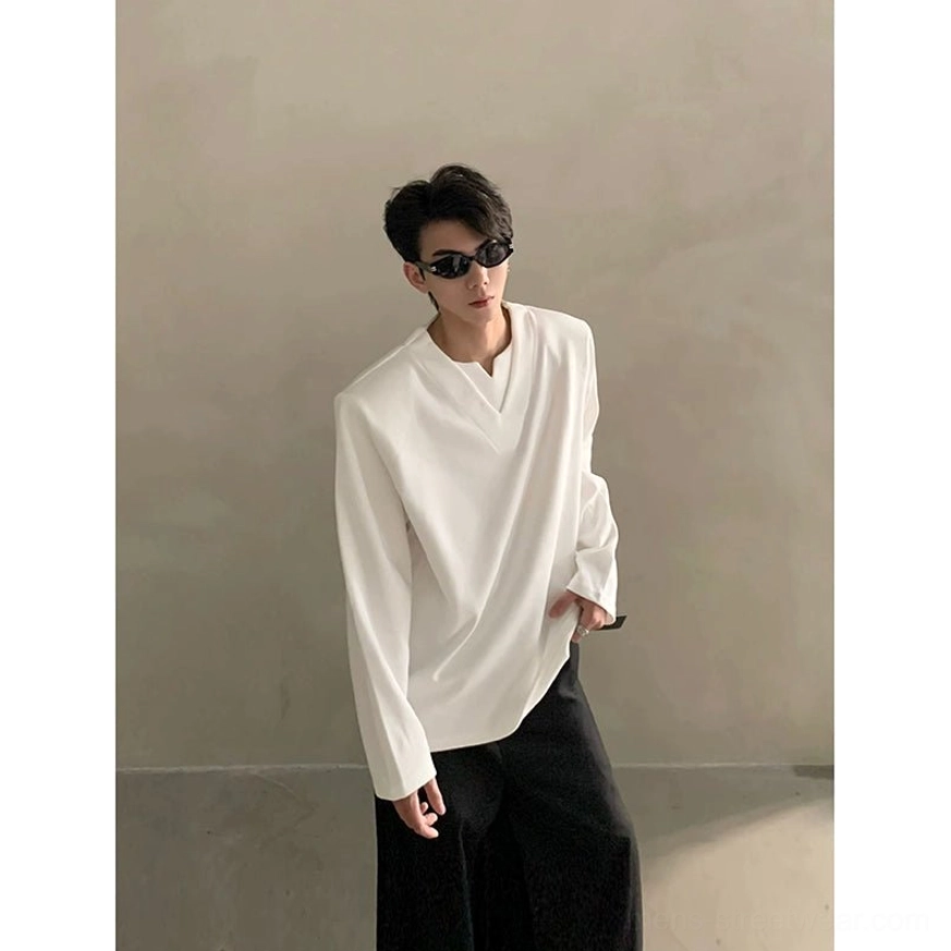 White deep V notched neck streetwear shirt product image for Korean minimalist fashion styling
