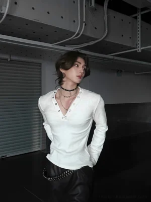 White deep V ribbed Henley long sleeve streetwear top with slim fit and metal snap placket on a male model