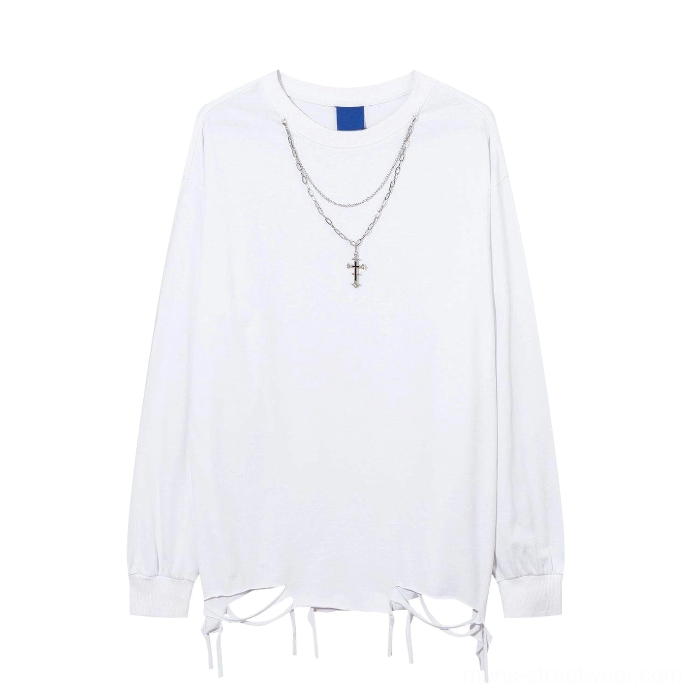 White distressed oversized long-sleeve tee with cross necklace for Korean inspired streetwear outfits