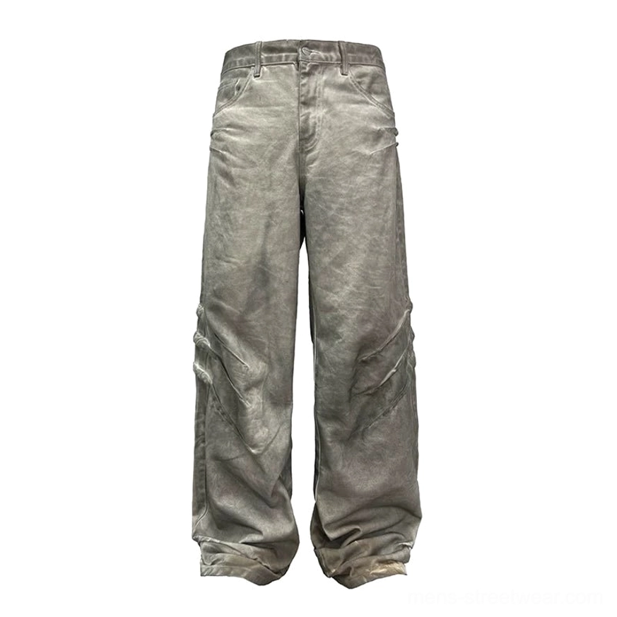 White distressed wash stacked wide-leg jeans in light faded denim shown in full front flat lay view