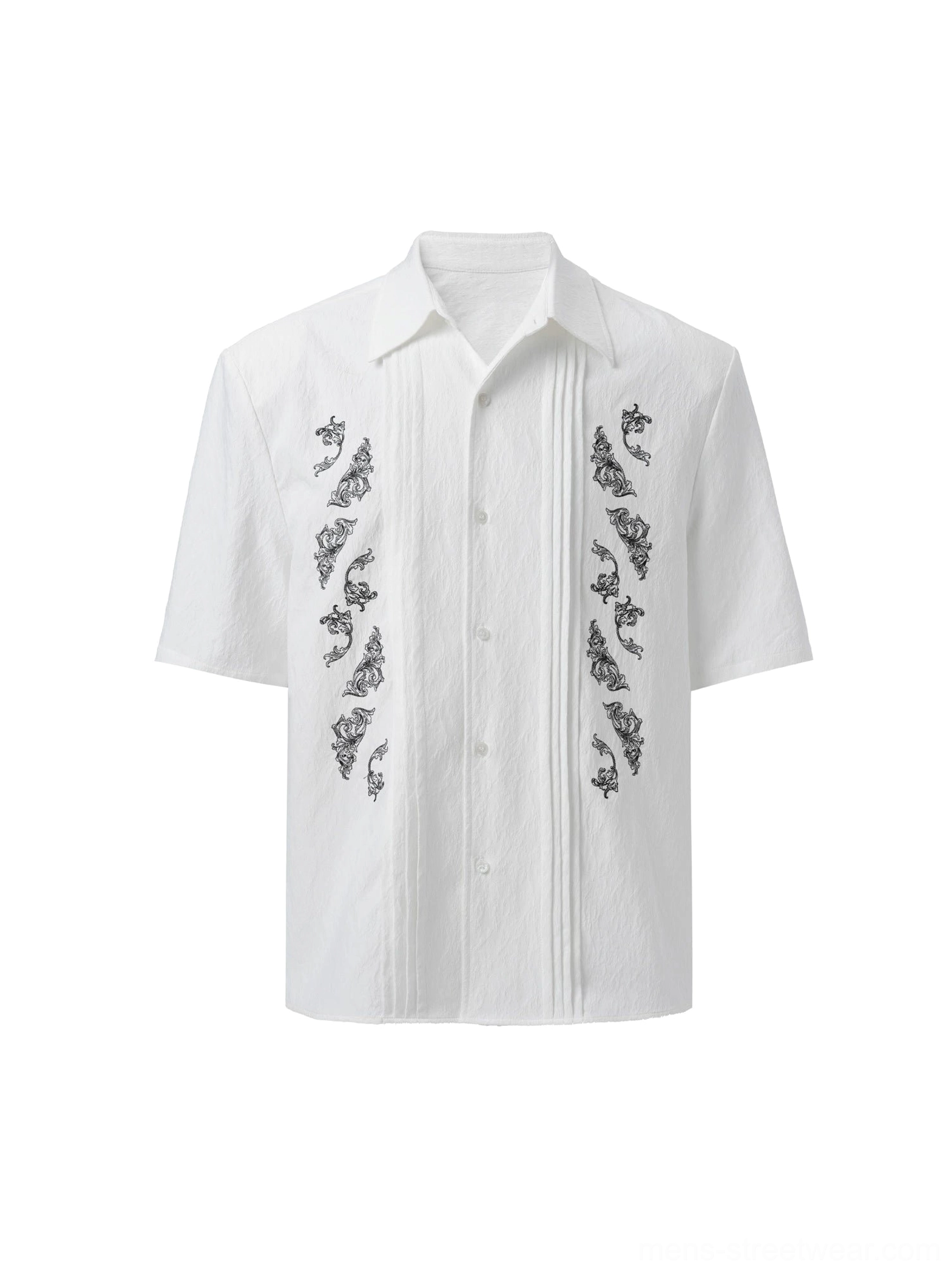 Flat lay front view of white dragon embroidered Cuban shirt with pleated panels and silver-toned embroidery