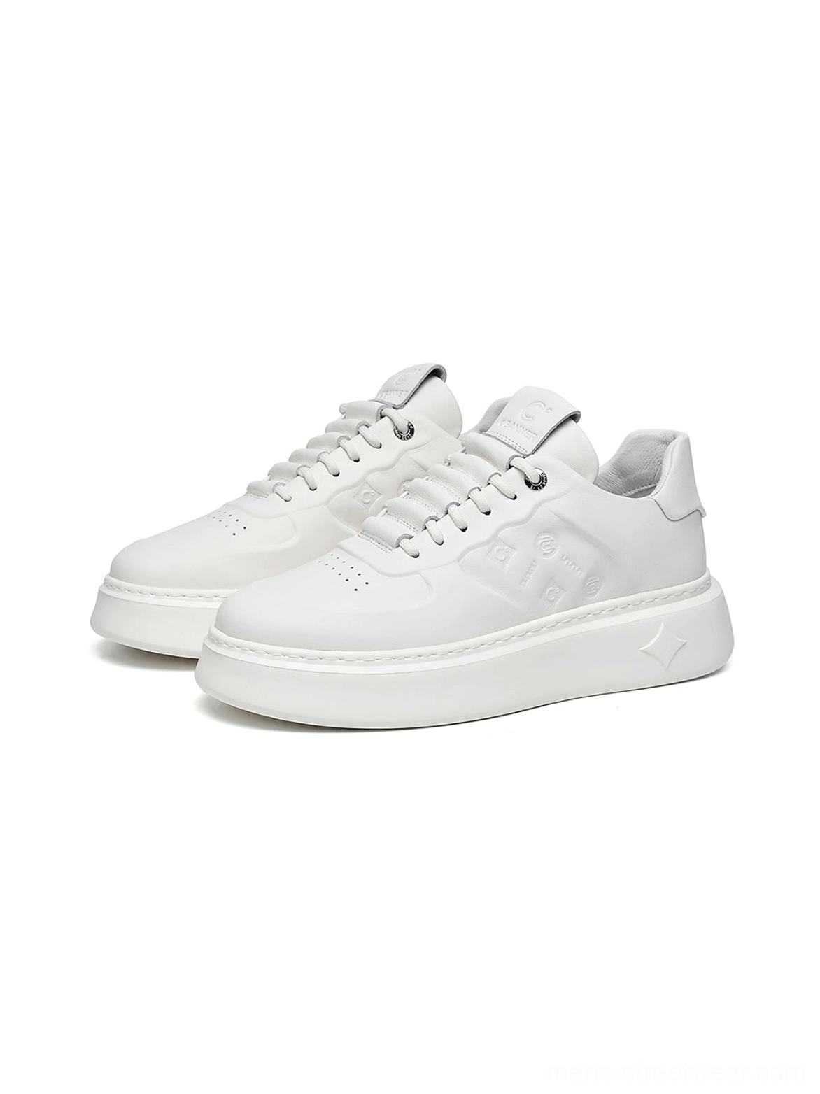 Front overhead view of a pair of white embossed monogram chunky platform streetwear sneakers