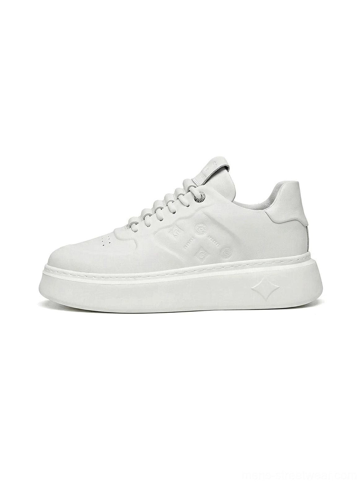 White embossed monogram chunky platform streetwear sneakers side profile close-up on a clean white studio background