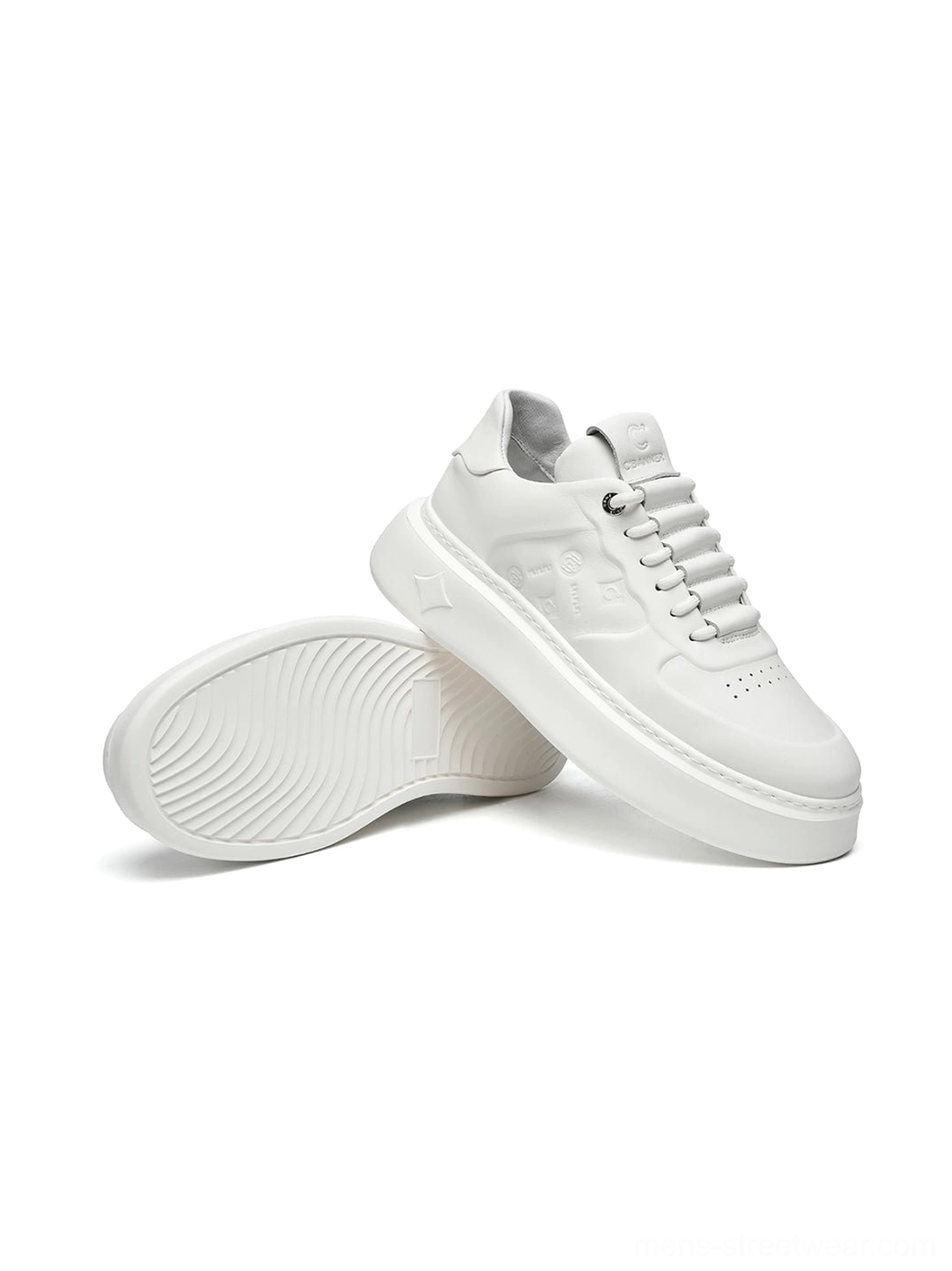 White embossed monogram chunky platform streetwear sneakers product detail view highlighting textured side and heel panels