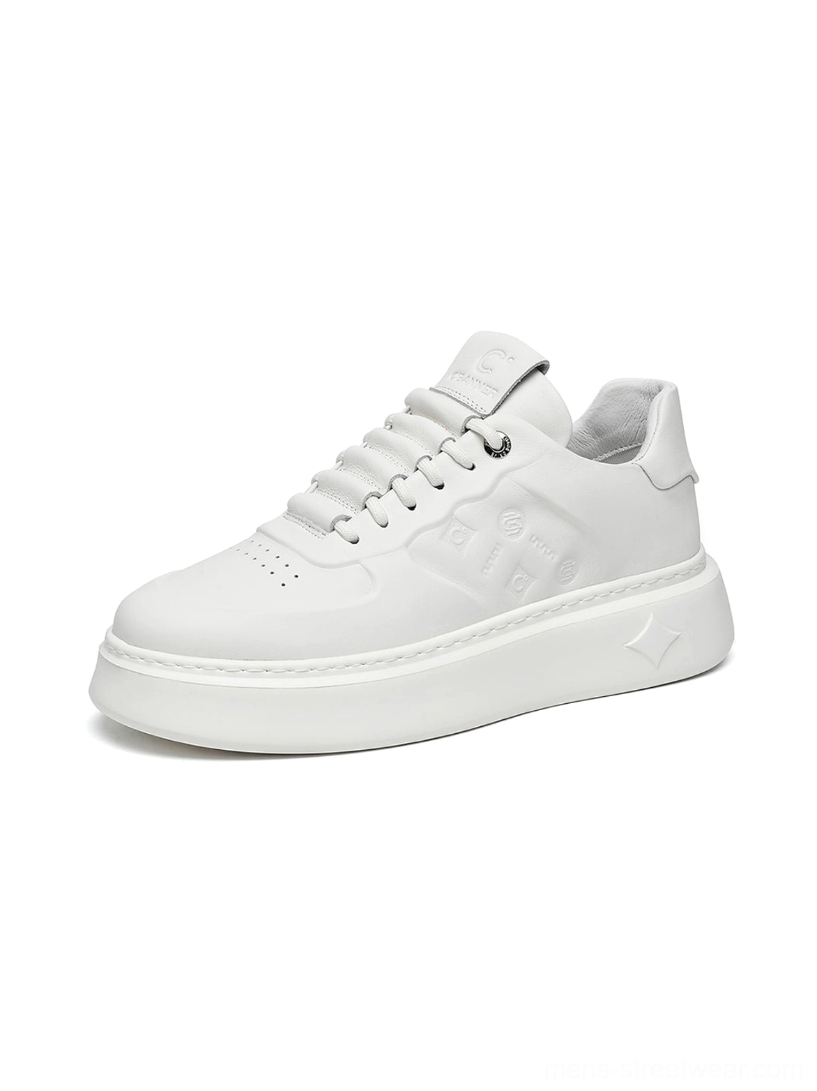 White embossed monogram chunky platform streetwear sneakers detailed product view with tonal synthetic leather upper