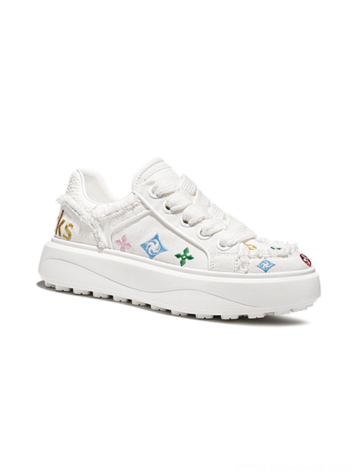 White embossed platform skate sneaker shown from the right side with colorful embroidered motifs frayed fabric trims gold heel lettering and layered white outsole