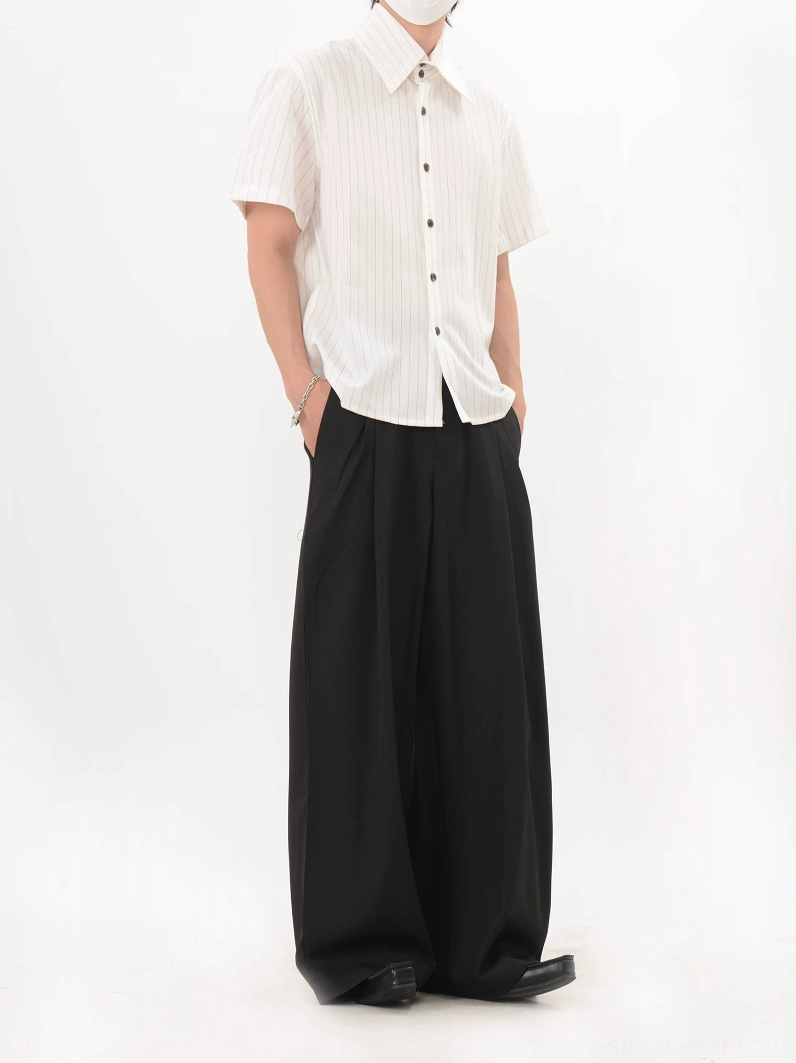 White fine stripe short sleeve button shirt shown from a side front view with relaxed Korean fashion silhouette