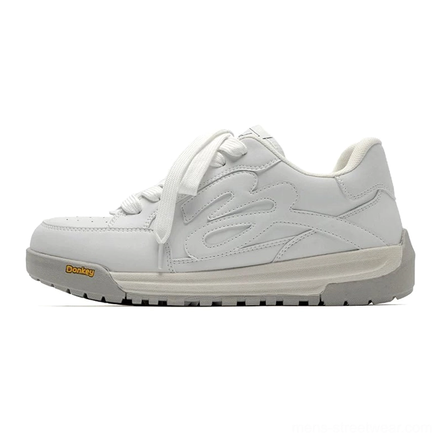 White flame detail platform skate sneaker with smooth synthetic leather upper and chunky two-tone rubber sole side view