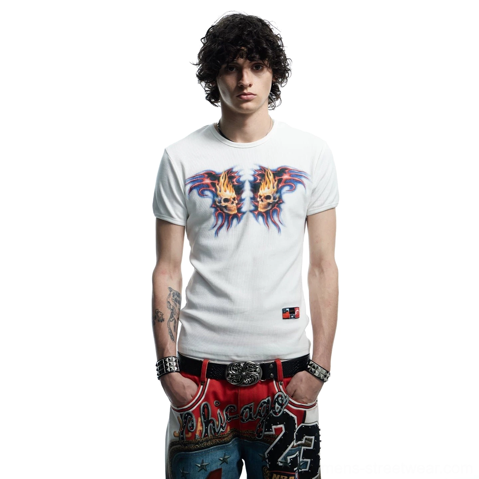 Front full-body styling of white flaming skull fitted baby tee with Chicago 23 denim, punk belt, and wrist accessories